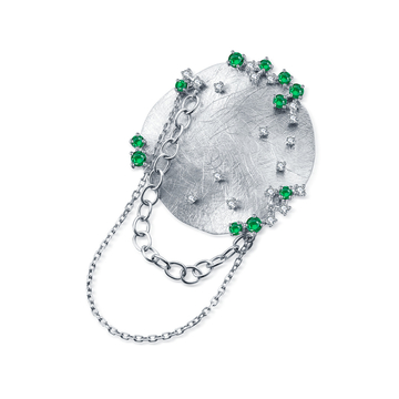 Silver Planet Hope Brooch in 18K White Gold with Emerald and Diamond