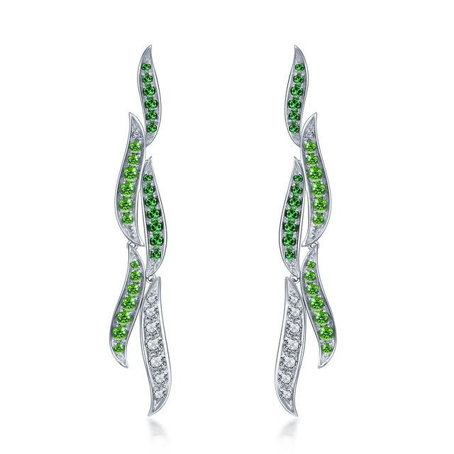 Willow Leaf Earrings in 18K White Gold with Diamond and Emerald