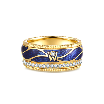 Name Initial W Ring in 18K Yellow Gold with Diamond and Lacquer Enamel